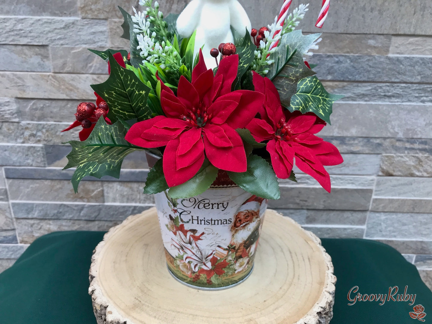 Christmas Bucket With Bear & Poinsettia