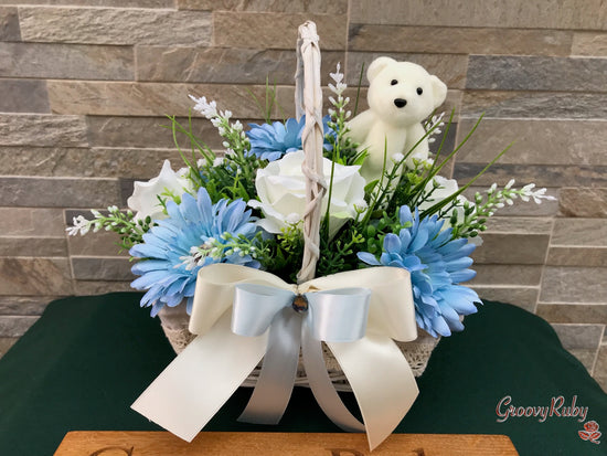 Baby Blue Lace Basket With Bear Pick