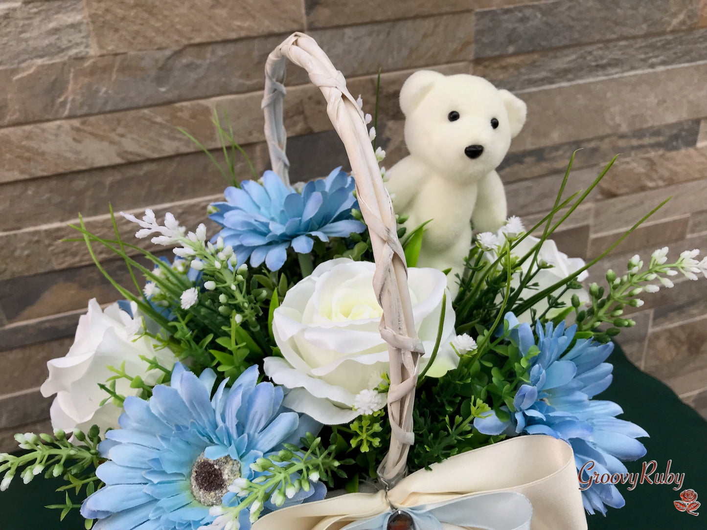 Baby Blue Lace Basket With Bear Pick