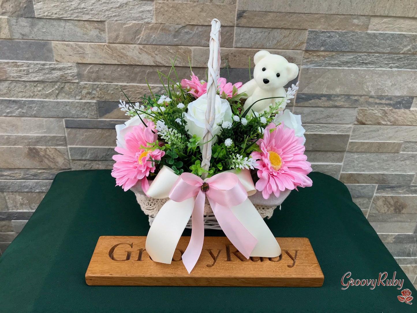 Baby Pink Lace Basket With Bear Pick