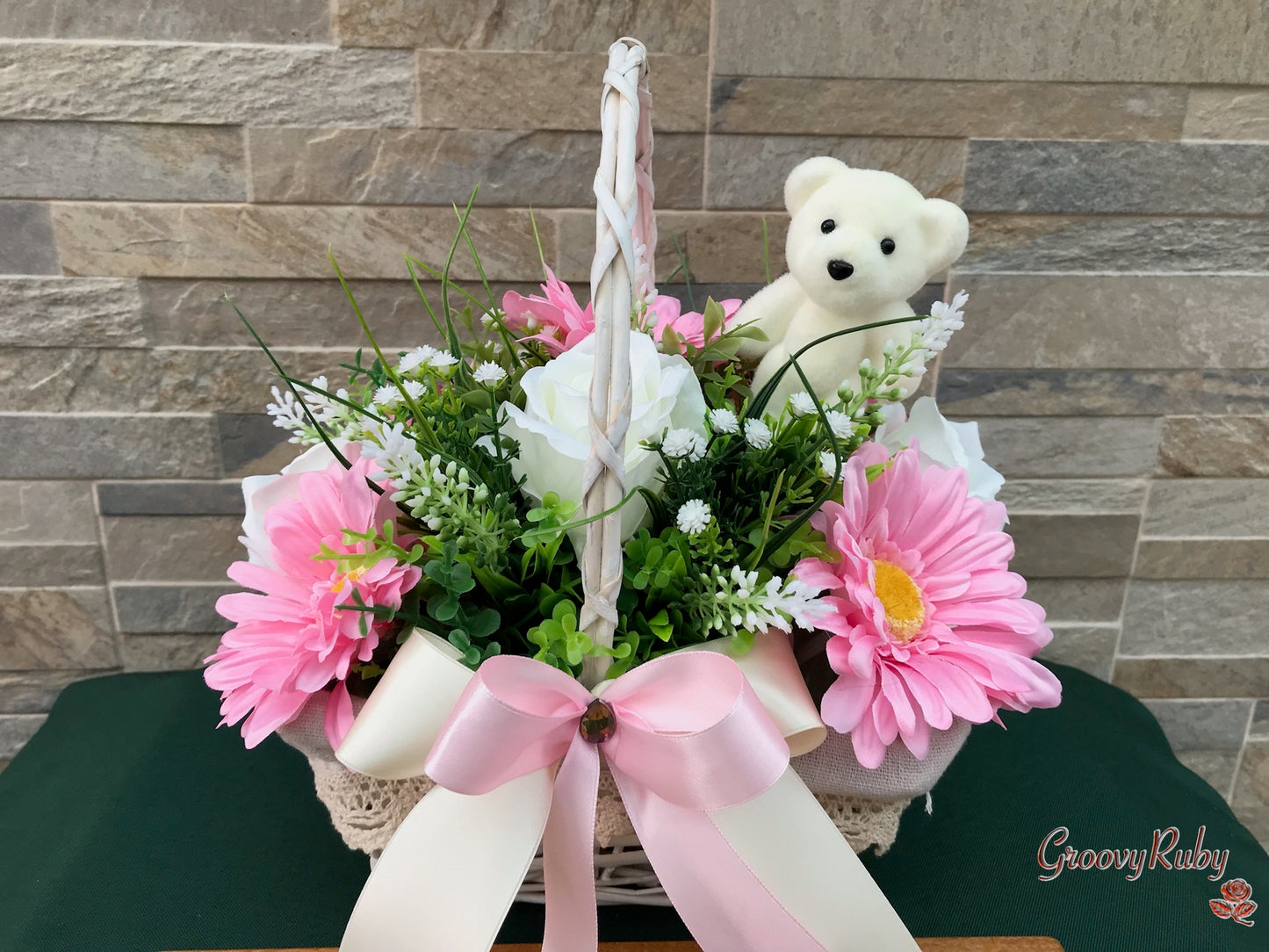 Baby Pink Lace Basket With Bear Pick