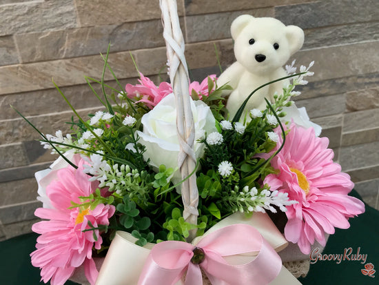 Baby Pink Lace Basket With Bear Pick