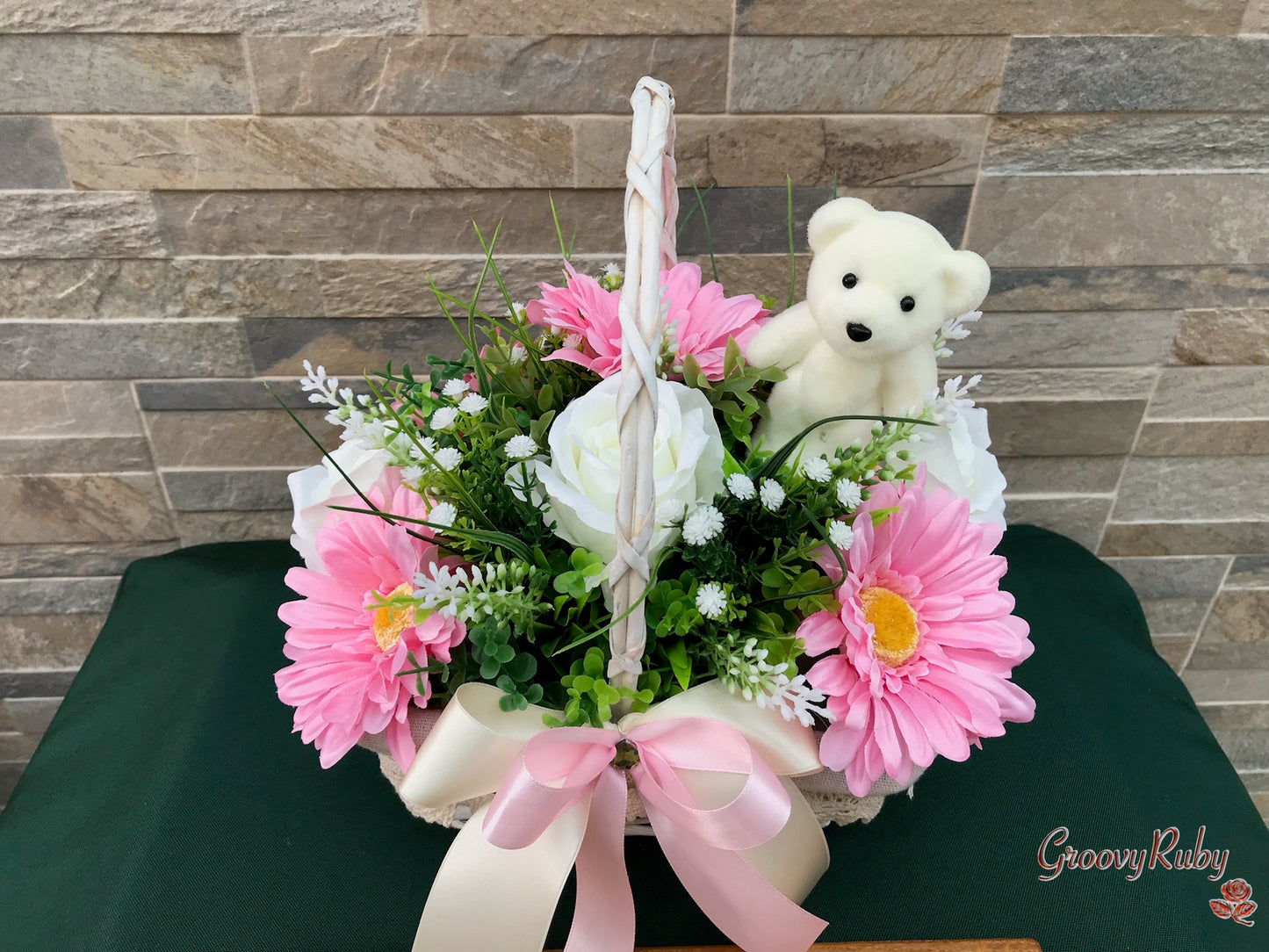 Baby Pink Lace Basket With Bear Pick