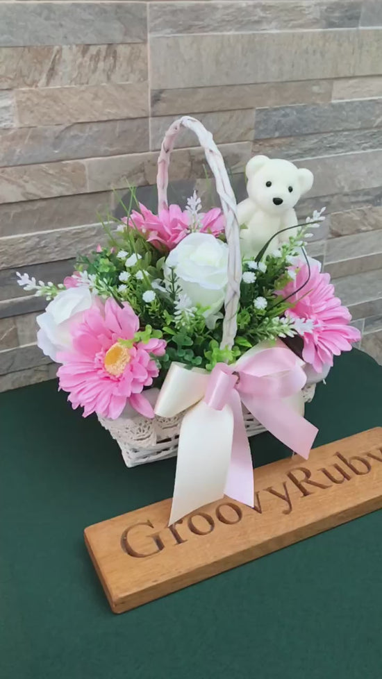 Load and play video in Gallery viewer, Baby Pink Lace Basket With Bear Pick
