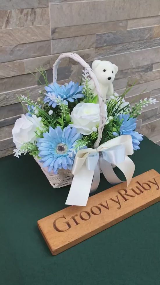 Load and play video in Gallery viewer, Baby Blue Lace Basket With Bear Pick
